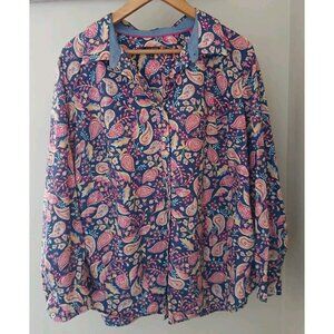 Talbots Button Up Shirt Plus Size 2X Blue Pink Floral Paisley Work Cotton